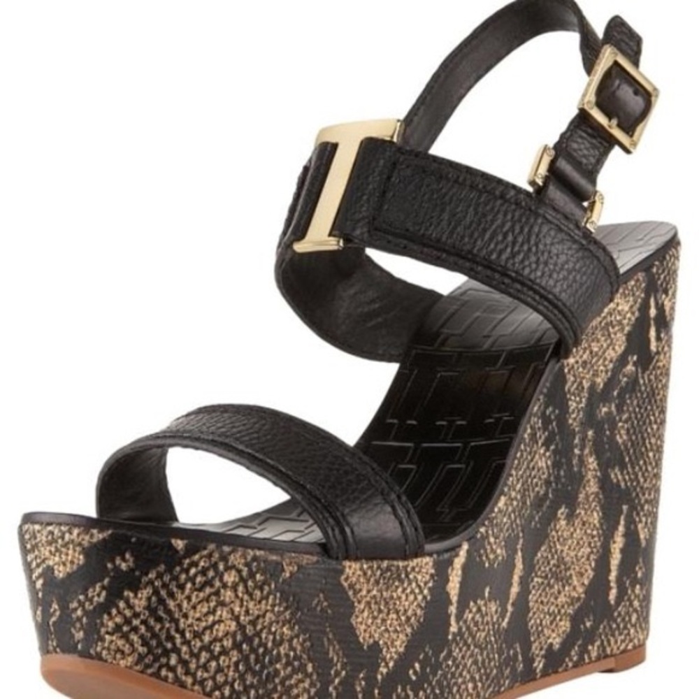 🐍TORY BURCH BLACK ANGELINE SNAKE LEATHER WEDGE US 5 🐍